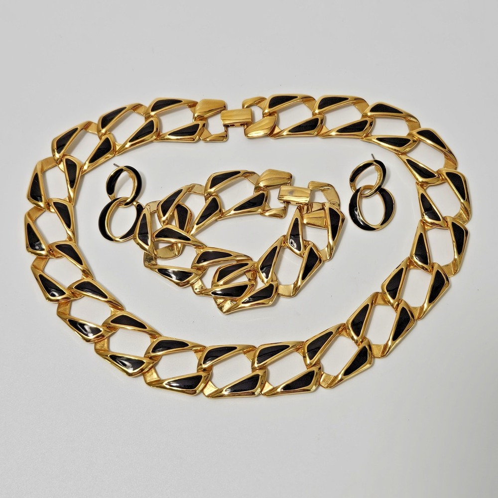 Vintage Napier Gold-Tone Black Enamel Necklace Bracelet Set